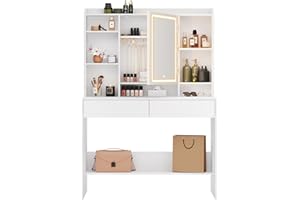 ‎VASAGLE VASAGLE Kolekcja KAILYN - Toaletka z oświetleniem LED, 3 kolory z regulacją jasności, toaletka z lustrem, z regulowanymi półkami, 2 szuflady, biała RDT123T14