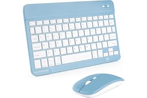 AIMMIE Tastiera wireless portatile, Rechargeable10 Tastiera universale ultra sottile per tablet con mouse wireless, piccola tastiera wireless per tablet iOS/Android/Windows, laptop, telefoni (Blue)