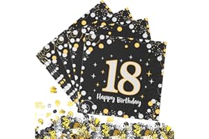 CAPANEUS Deko 18. Geburtstag Junge Servietten 30 Stück, Serviette 18. Geburtstag Schwarz Gold mit Konfetti, 3-Lagig Servietten Happy Birthday Geburtstagsdeko Tischdekoration