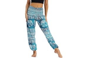 Nuofengkudu Femme Harem Pantalon Yoga Sarouel Legers Hippie Baggy Léger Ethnique Calqué Smockée Taille Haute avec Poches Été Plage