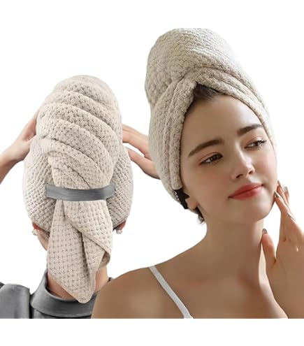 Lot De 2 Serviette Pour Cheveux En Microfibre - Turbans Pour Cheveux Mouilles Avec Bouton Anti Frisott 9193396493899