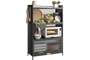 ‎NETEL NETEL Rostfreies 4-stufiges Küchenregale Stehend, Küchenschrank mit Rollen und Füße, Mikrowellenschrank, Bäckerregal, Standregal, Lagerregal für Küche Wohnzimmer mit Sichtbare Türen, Vintage, Schwarz