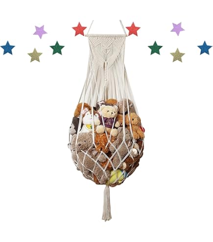 Rangement Peluches Filet Filet Rangement Peluches 200cm - Corde Tressée Avec 20 Clips - Hamac à Doudous - Décoration Enfant - Blanc Suspension Peluches Murale