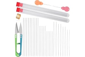 REOVIN Lot de 28 aiguilles à perles avec aiguilles droites pour fil à perles aiguilles à gros yeux, aiguilles à broder avec bouteille d'aiguille, dé à coudre, enfile-aiguille pour la fabrication de bijoux