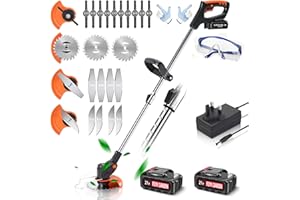 Wrneaoch 21V Metal Blade Strimmer Cordless Grass Trimmer, Cordless Strimmer with 2Pcs 2.0Ah Battery and Fast Charger,10x Nylon Blades, 4x Metal Blades, 2 x saw blade, 4 types of S-shaped blades