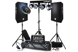 BM SONIC Pack Sono 3200W Complet, Paire d'Enceintes Passives 2x600W, Table de Mixage, Portique 4 Lumières Xperformer + OVNI à LED, Pieds