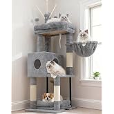 Heybly Cat Tree 115 cm, Cat Tower with Large Platform, Hanging Basket and Cave, Sisal Scratching Posts, Hanging Balls and Rem