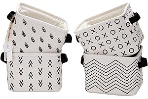 Sea Team Składany mini kwadratowy, nowy szary i biały motyw, 100% len i tkanina bawełniana, kosze do przechowywania, organizery na regały i biurka – zestaw 4 sztuk