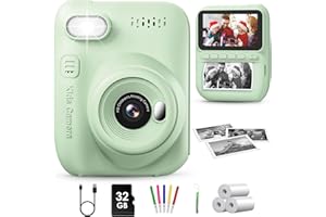 GREENKINDER Appareil Photo Instantané Enfant, 3.0" Grand Écran 14 MP Appareil Photo Enfant avec Carte de 32 Go & Papier d'impression, Appareil Photo Numérique Enfant Cadeau pour Enfants 3-12 Ans