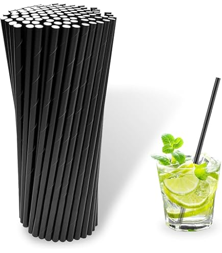 Lives on Green Blauw gestreepte wegwerp-papieren rietjes voor drinken 19,7 cm 100 stuks, composteerbaar - voor cocktail, koffie, sap