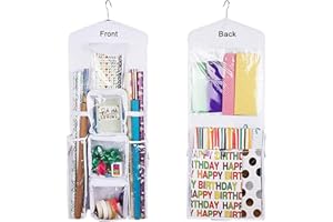 LXTaoler Sacchetto regalo da appendere su entrambi i lati, borsa organizer per carta da regalo da appendere, con tasche multiple 100 x 40 cm, sacchetto in PVC trasparente (bianco)