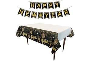 Dusenly Happy New Year Banner Gold Glitter 2026 New Years Eve Party Tablecloth Plastic New Year Table Cover for 2026 New Year Party Photo Backdrop Props Decoration