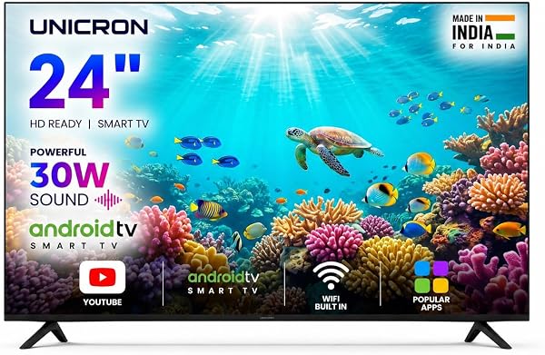 UNICRON 24 Inch Android Smart TV, HD LED Television with 30W Sound Speaker, WiFi Enabled, Frameless Design & IPS A+ Display Panel, Gaming, Screen Mirroring & Mo