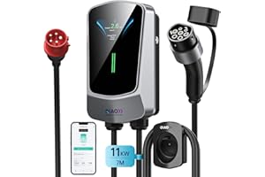 QIAO)) QIAO Chargeur EV Wallbox Type 2 11 KW, Station de Charge pour Voiture électrique Domestique 7 M avec Support de câble LCD 4,3, contrôle par Application triphasé 8-16 A, Prise CEE 16 A vers Type 2