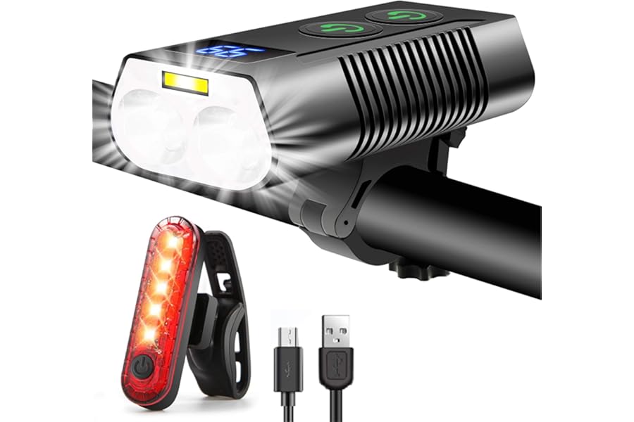 REHKITTZ Bike Lights Set 3300 Lumen Super Bright,5000 mAh Super Long Standby Rechargeable Bike Light Front and Back,with COB and Power Display,9 Lighting Modes Bicycle Lights