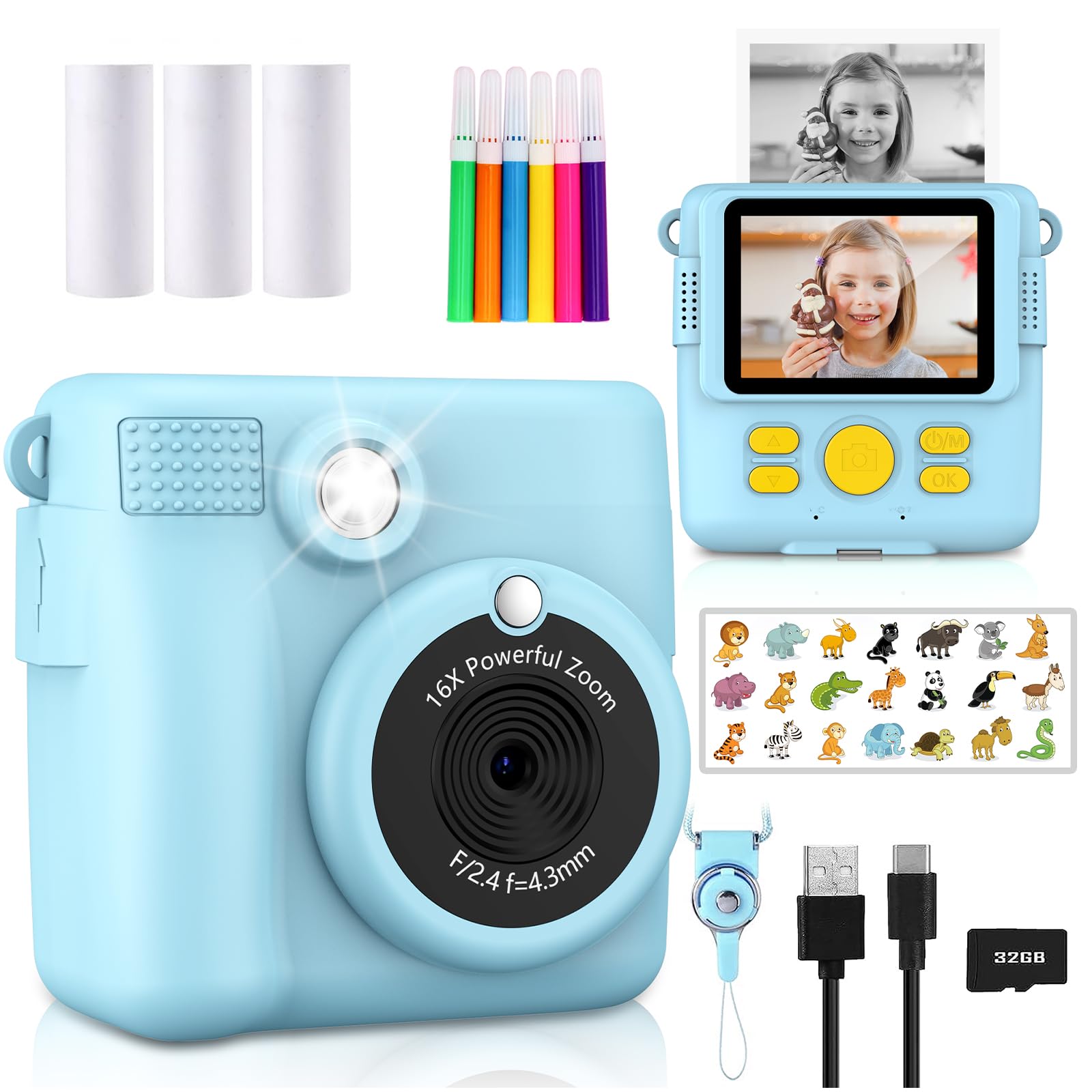 Radekly Instant Print Camera for Kids,Christmas Birthday Gifts for Age 3-12 Girls Boys，1080P HD Digital Video Cameras for Tod