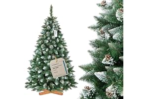 Albero di Natale artificiale FairyTrees 180cm pino naturale con supporto in legno | Abete di Natale con pigne naturali e punte bianche innevate | Facile da Montare | Prodotto in EU