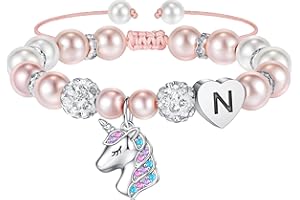 TINGN Bracelet Licorne Cadeaux pour Filles – Perles Roses et Boules de Strass Bracelet Licorne Coeur avec Lettres Arc-en-Ciel CZ Licorne Bracelets Bijoux Filles Cadeaux pour Filles Bracelet Fille
