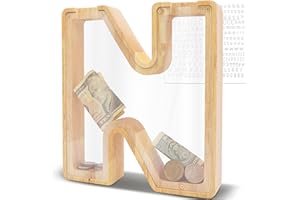 DBPBToU Salvadanaio a Forma di Lettera in Legno, Grande 23 * 4 * 23cm, Apribile Personalizzato Trasparente, per Regalo di Compleanno/Decorazione Domestica/Ricordo (N)