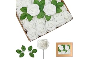 YAYAFUNFUN 25 rose artificiali bianche in schiuma realistica al tatto, rose finte con steli, per sposa/baby shower, tombe, San Valentino, Natale, decorazioni per matrimoni
