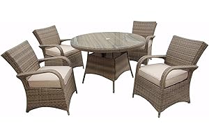 AZRBOPO Rattan Garden Furniture Dining Set | 4 Seater Patio Round Table Chairs | 5 PCS Outdoor PE Rattan Wicker Tempered Glass Dining Table Set| NO ASSEMBLY & ALUMINIUM FRAME | Nature with Beige Cushion