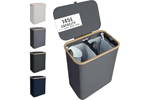 NOSTHEART Panier à Linge 2 Compartiments 145L Corbeille à Linge Pliable avec Couvercle & Bambou Poignée, Panier à Linge Sale pour Sale Vêtements, XL Gris Clair