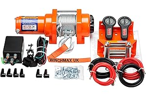 Winchmax 3.000 libras (1.361 kg) Cabrestante eléctrico original naranja de 12v. Cuerda de acero, control remoto inalámbrico doble.