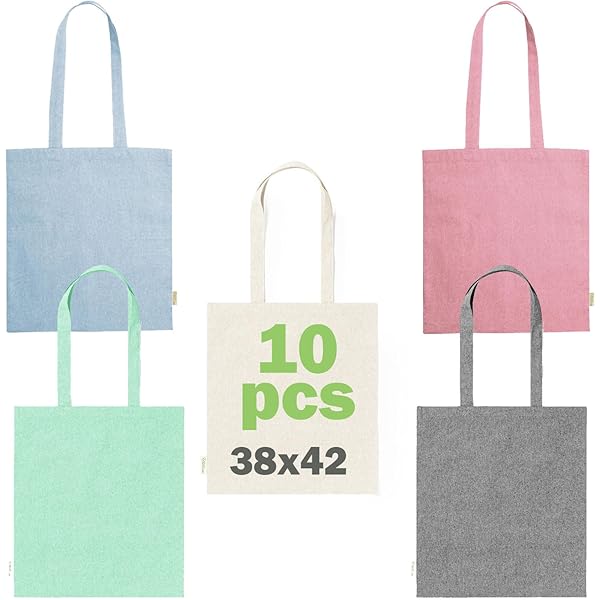 TEXXILLA Katoenen tassen, verpakking van 5 stuks, 50 stuks, 28 kleuren, met twee korte hengsels, 38 x 42 cm, jute tas, boodschappentas, onbedrukt