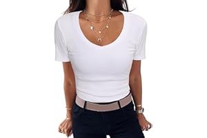 Aottori Damska koszulka prążkowana, elegancka górna część z krótkim rękawem, okrągły dekolt, krój slim fit, na co dzień, na lato