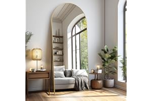 LunaMirror Espejo curvado de cuerpo entero, 180 x 76 cm, espejo de pie, espejo de suelo, espejo grande, espejo de pie para dormitorio, salón, pasillo, entrada, espejo de pared, color dorado