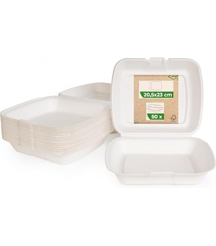 BIOZOYG Box per hamburger con coperchio ribaltabile I 50 contenitori da merenda compostabili in bagassa biodegradabile I Vaschetta per patatine quadrata I 50 lunchbox da asporto 25x20x7,5cm