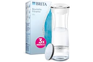 BRITA bouteille filtrante blanc graphite (1,3 L), 3 filtres MicroDisc inclus - Réduit** certains PFAS***, le chlore, des particules fines