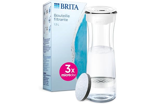 BRITA bouteille filtrante blanc graphite (1,3 L), 3 filtres MicroDisc inclus - Réduit** certains PFAS***, le chlore, des particules fines