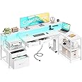 Coleshome Corner Desk with Drawers, Reversible L Shaped Gaming Desk with LED lights & Power Outlet, Home Office Table with Monitor Shelf, Computer Table with Storage, 175x100 cm, White