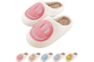 DOUUCO Women Soft Plush Happy Face Slippers Retro Warm Slip-on Slipper Cute Anti-slip Slippers with Memory Foam Slip-on Fur Slippers Breathable Happy Face Slippers