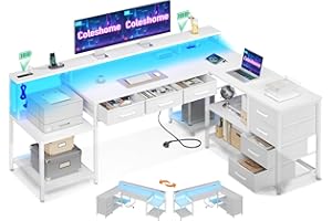 Coleshome Stolik gamingowy z 7 szufladami i dużą ilością miejsca do przechowywania, narożne biurko z diodami RGB LED, dwustronne biurko w kształcie litery L z 2 gniazdami, idealny do biura i gier