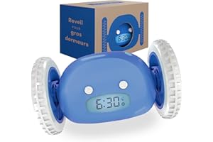 CLOCKY Réveil Matin Roulant Forte Sonnerie Puissant Gros Dormeurs Reveil pour Sourd Tres Bruyant Chambre Adulte Enfant Adolescent Reveil LED Roule Saute Cadeau Amusant (Bleu)