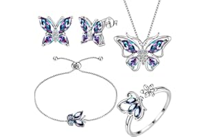 Aurora Tears 925 Sterling Sliver Butterfly Necklace Earrings Rings Birthstone Jewellery Set Pendant Dating Pendant Gifts for Women and Girls
