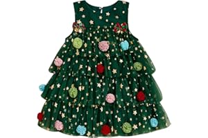 YILEEGOO Little Girl Christmas Tutu Dress Spaghetti Strap Square Neck Sleeveless Glitter Stars Pom Pom Sheer Mesh Layered Tulle Dress