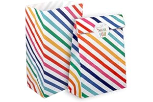 RFWIN 20Pcs Party Bag Kraft Paper Candy Bags, Rainbow Stripe Kids Birthday Bags with Stickers, Gifts Sweets Bags for Baby Shower Wedding Valentines' Day