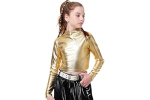 LOLANTA Metallic Cropped Top für Mädchen, halber Rollkragen, funkelndes Tanzshirt für Hip-Hop, Disco, Bühne & Party