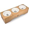 Navaris Cat Bowls with Stand - Elevated Triple Feeder for Cats - Ceramic Pet Bowl Dishes 3-Pcs Set with Printed Designs and Raised Bamboo Wood Holder