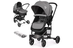 Birtech Pram Pushchair Travel System Stroller Foldable Lightweight with Rain Cover and Footmuff, Carrycot, Convertible to Reversible Seat, Lying Position, Lying Function, from Birth to 3 Years, Grey