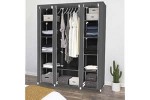 LANTUS Armadietto portaoggetti in tessuto tessile pieghevole con asta per vestiti, porta cappotto, guardaroba, organizer per riporre vestiti, armadio in tela, 172 x 134 x 43 cm, grigio