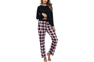 Uniexcosm Pijama Mujer Largo, Pijama Mujer Cuadros Pijama Conjunto Mujer Algodón Conjuntos de Pijama con Cuello Redondo Plaid Pajamas 2 Piezas con Bolsillo Suave para Hogar