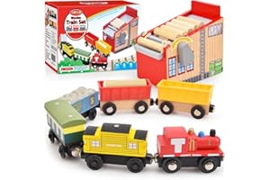 Atoylink Tren Juguete con Transporte de Madera Locomotora Trenes Magnéticos Montessori Juegos Educativos Tren Regalo Cumpleaños Niños 3 4 5 6+ Años Juego de Tren Compatible con Ferrocarriles