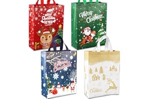 Volsha 4 Pack Christmas Reusable Grocery Bag,Large Tote Bag with Handle, Gift Present Bag, Shopping Bag for Holiday Xmas Event Party