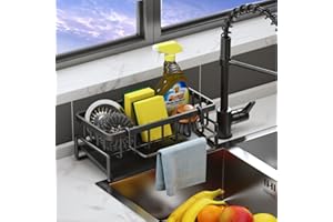 VILCEN Organizador de Cocina, Organizador de Fregadero de Acero Inoxidable con Bandeja de Drenaje Autodrenante para Soporte de Esponja, Toallero, Soporte para Paños, Accesorios de Cocina (Negro)
