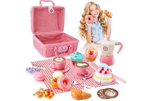 FORROBY Kids Tea Picnic Toy with Woven Basket,Pretend Role Play Toy,Play Food Sets for Children,Mini Afternoon Tea Party Set,Gifts Presents for 3-12 Years Toddler Girls & Boys Children (Pink)