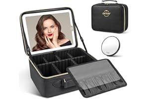 OFFOF Travel Makeup Bag Cosmetic Bag Makeup Organizer Bag with Lighted Mirror 3 Color Scenarios Adjustable Brightness, Waterproof Makeup Train Case(Black)